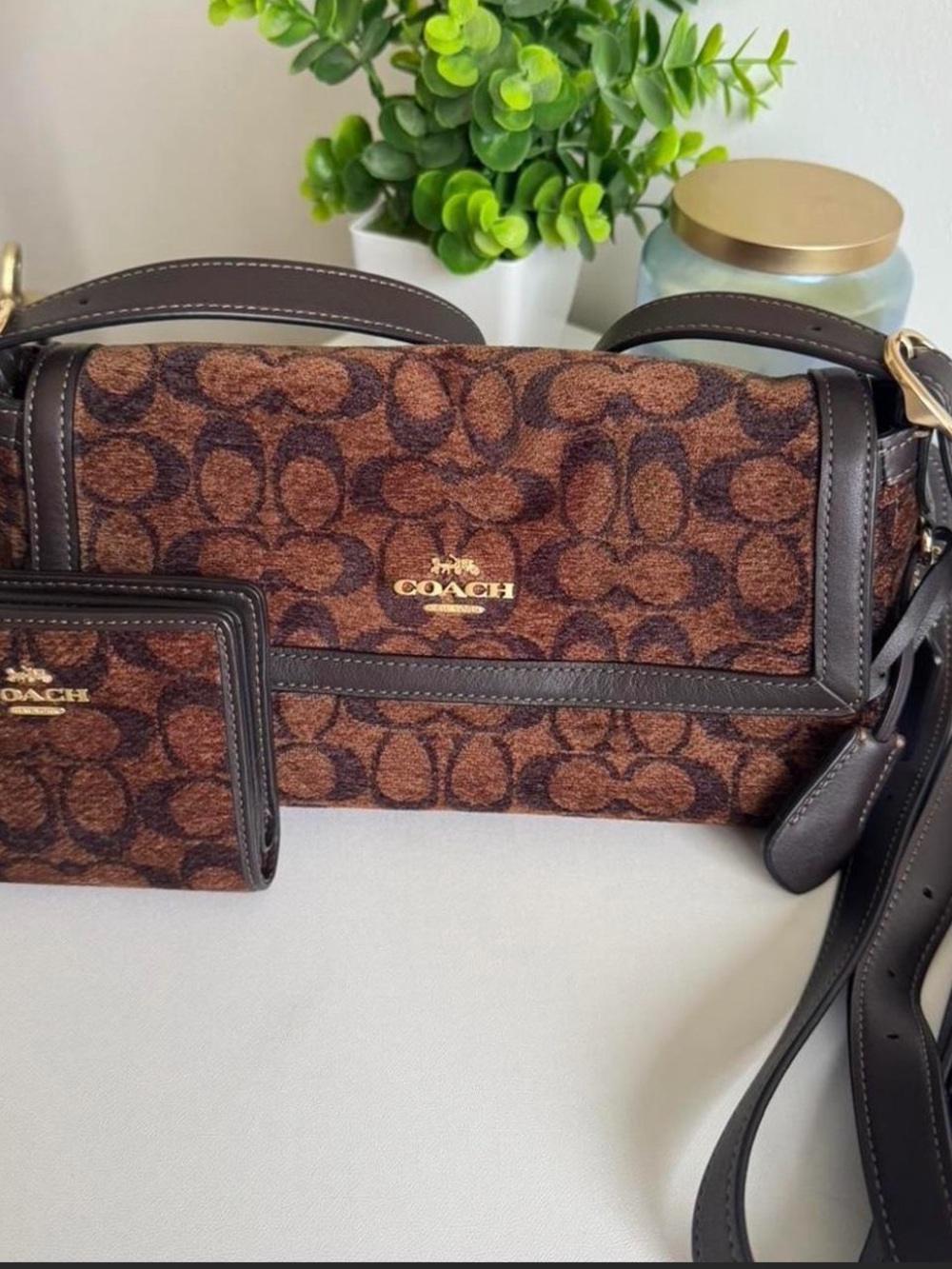 Coach Brown Signature Canvas Crossbody with Dark Brown Leather Trim